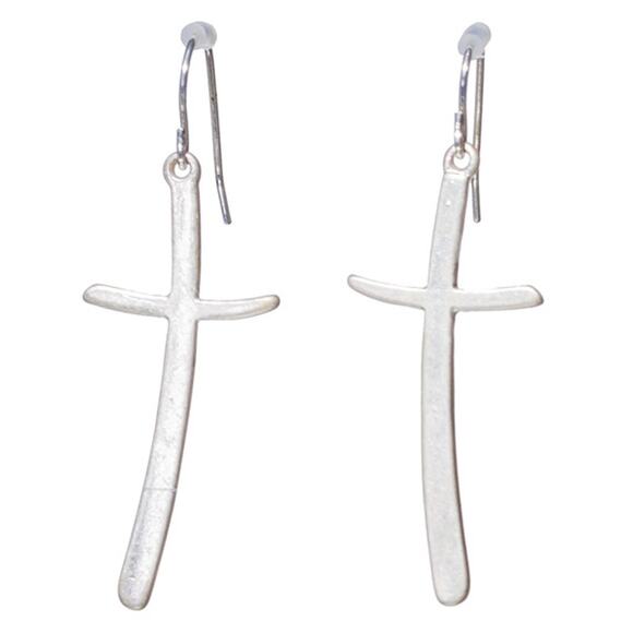 Worn Silver Tone Curved Cross Drop Earrings - Picture 1 of 1